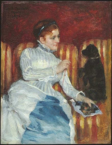 Woman_on_a_Striped_Sofa_with_a_Dog_by_Mary_Cassatt